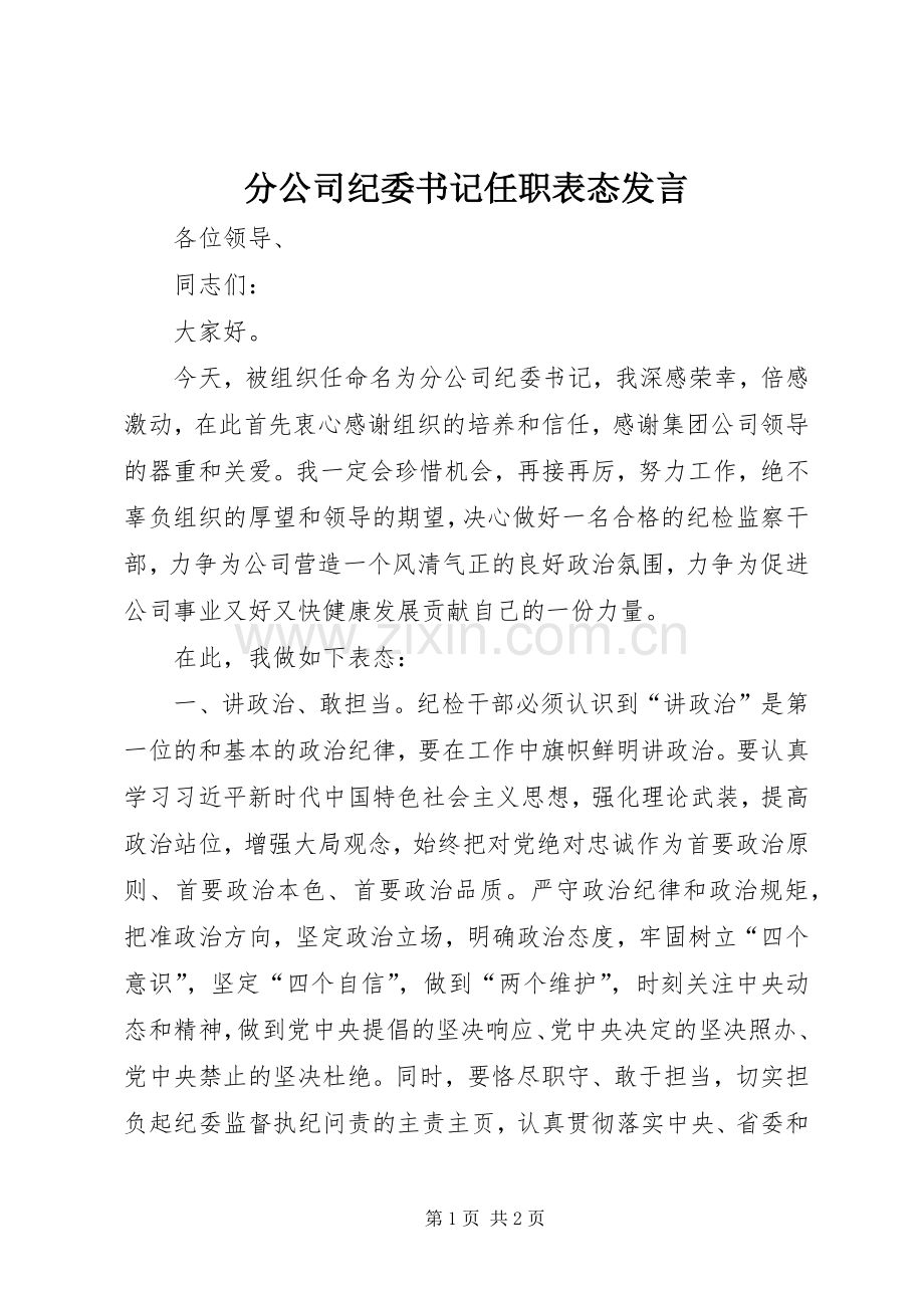 分公司纪委书记任职表态发言稿.docx_第1页