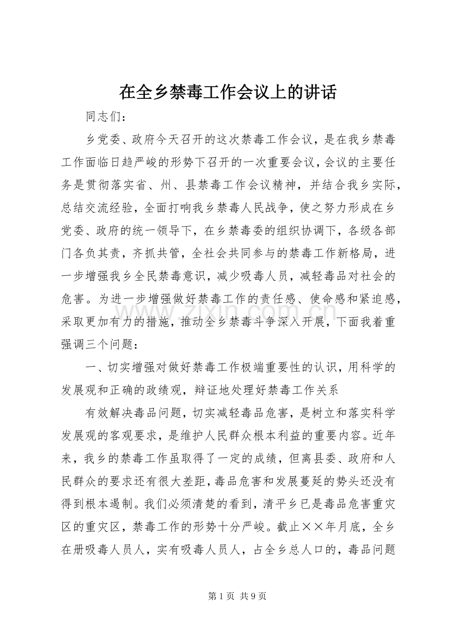 在全乡禁毒工作会议上的讲话.docx_第1页