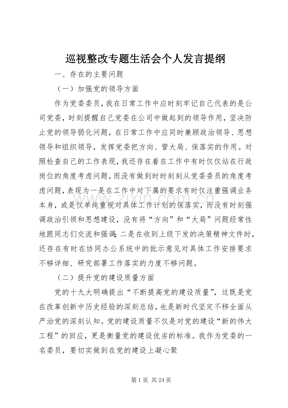 巡视整改专题生活会个人发言提纲材料.docx_第1页