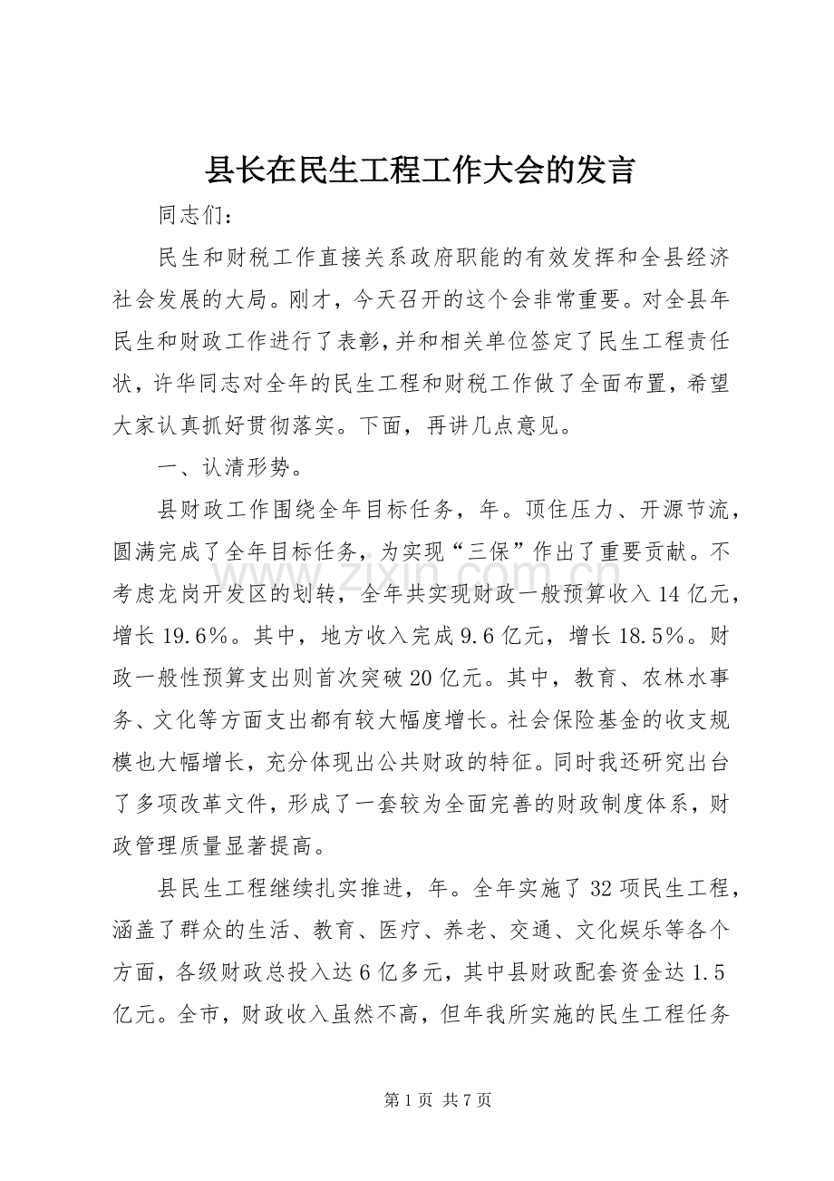 县长在民生工程工作大会的发言稿.docx_第1页