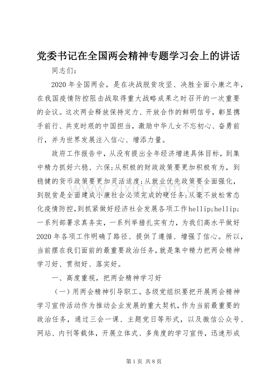 党委书记在全国两会精神专题学习会上的讲话.docx_第1页