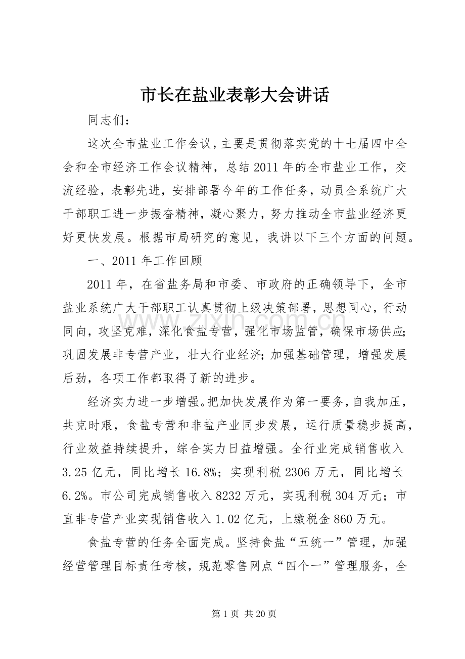 市长在盐业表彰大会讲话.docx_第1页