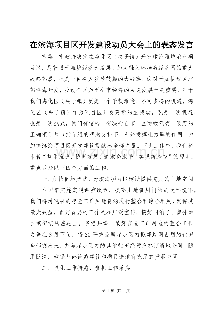 在滨海项目区开发建设动员大会上的表态发言.docx_第1页