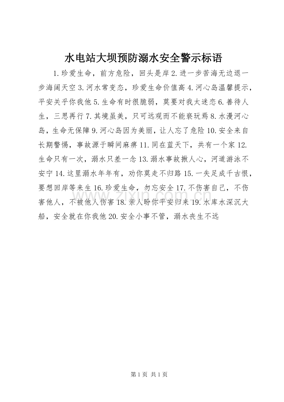 水电站大坝预防溺水安全警示标语.docx_第1页