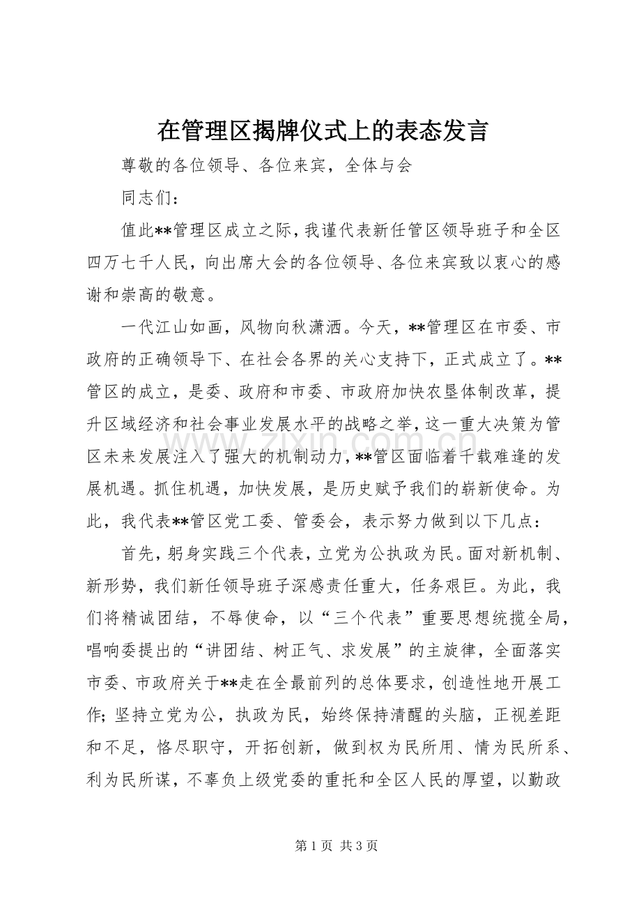 在管理区揭牌仪式上的表态发言.docx_第1页