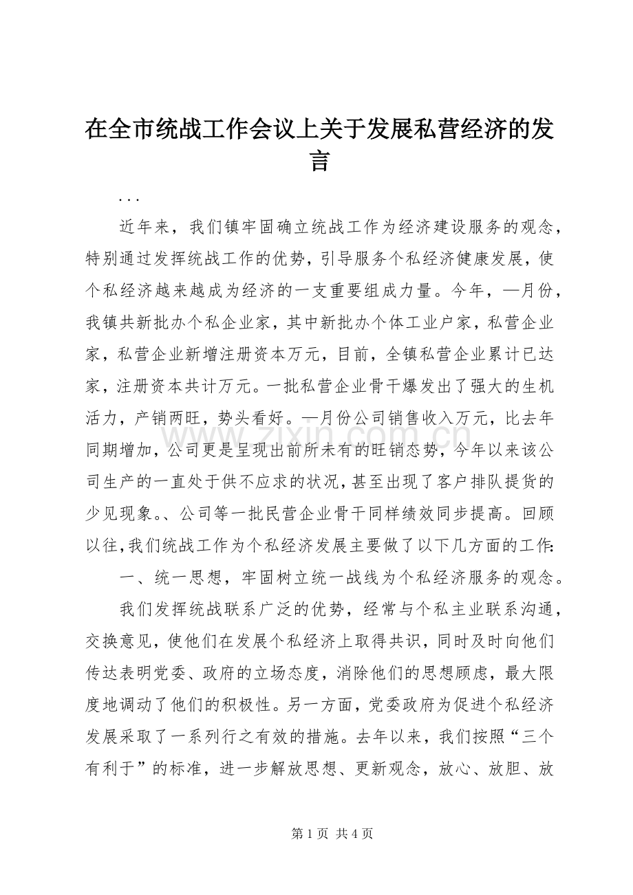 在全市统战工作会议上关于发展私营经济的发言.docx_第1页