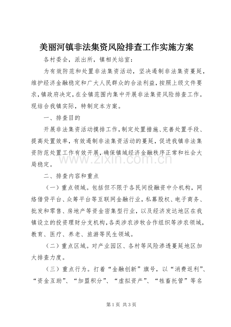 美丽河镇非法集资风险排查工作方案.docx_第1页