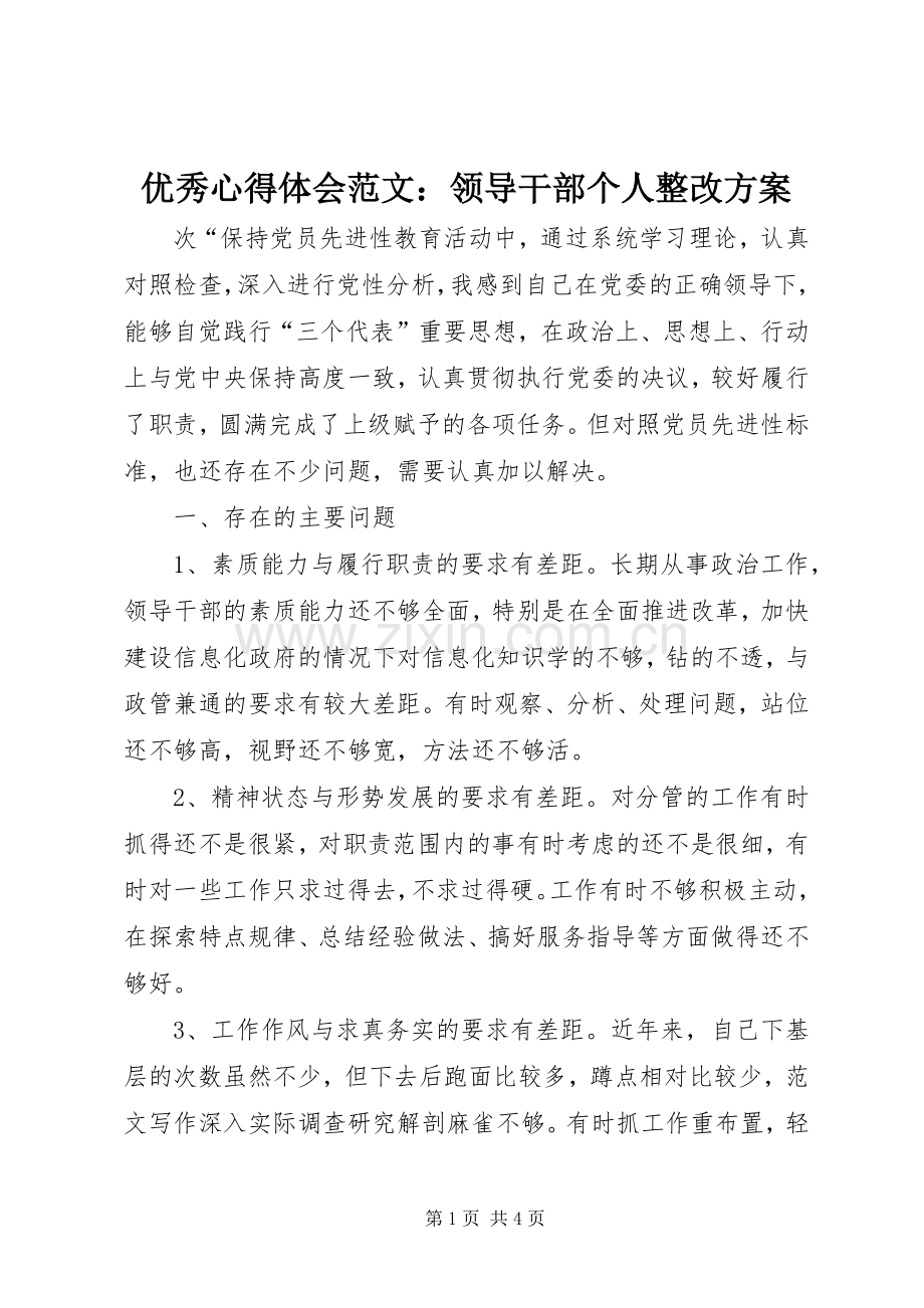 优秀心得体会范文：领导干部个人整改实施方案.docx_第1页