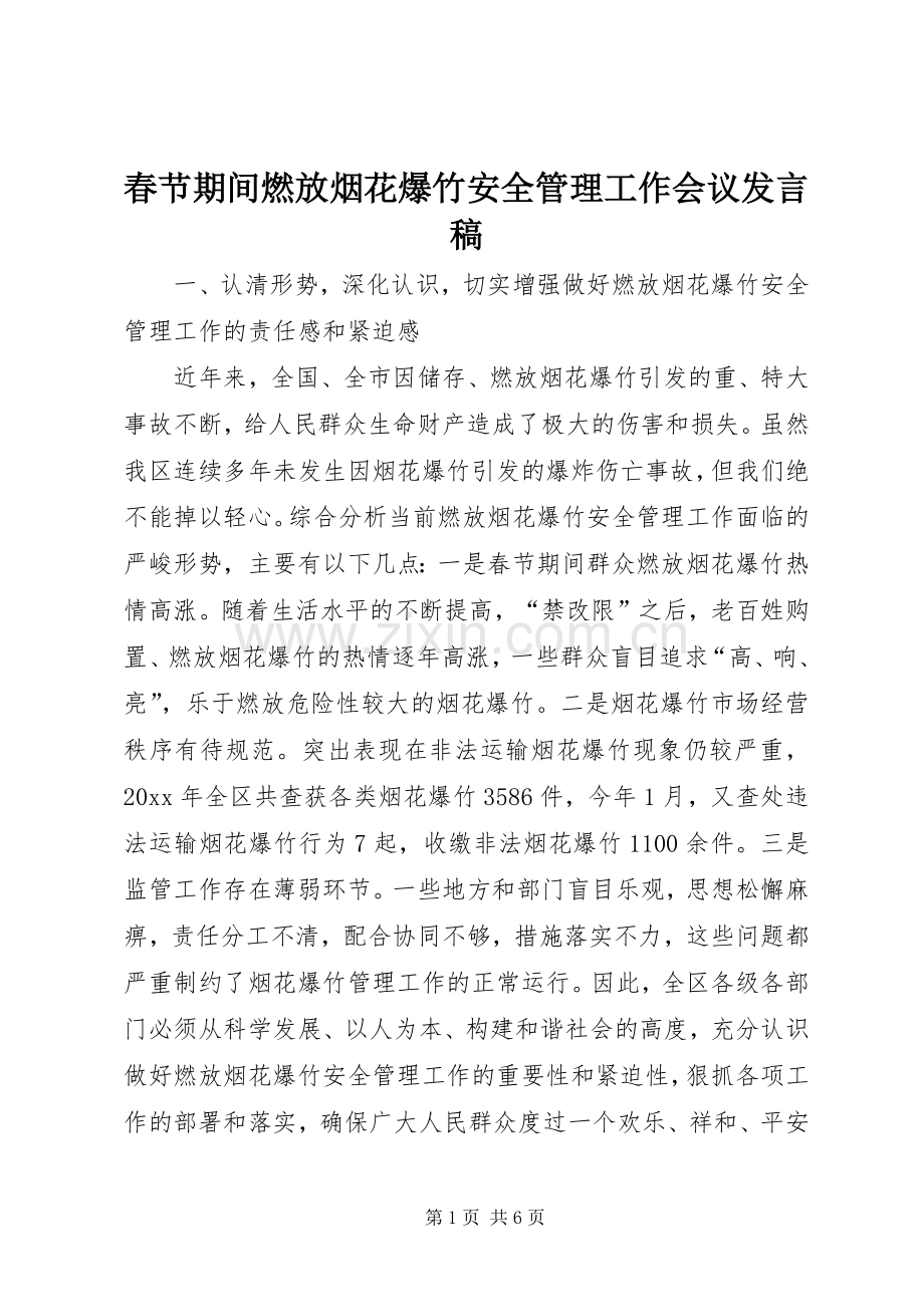 春节期间燃放烟花爆竹安全管理工作会议发言稿.docx_第1页