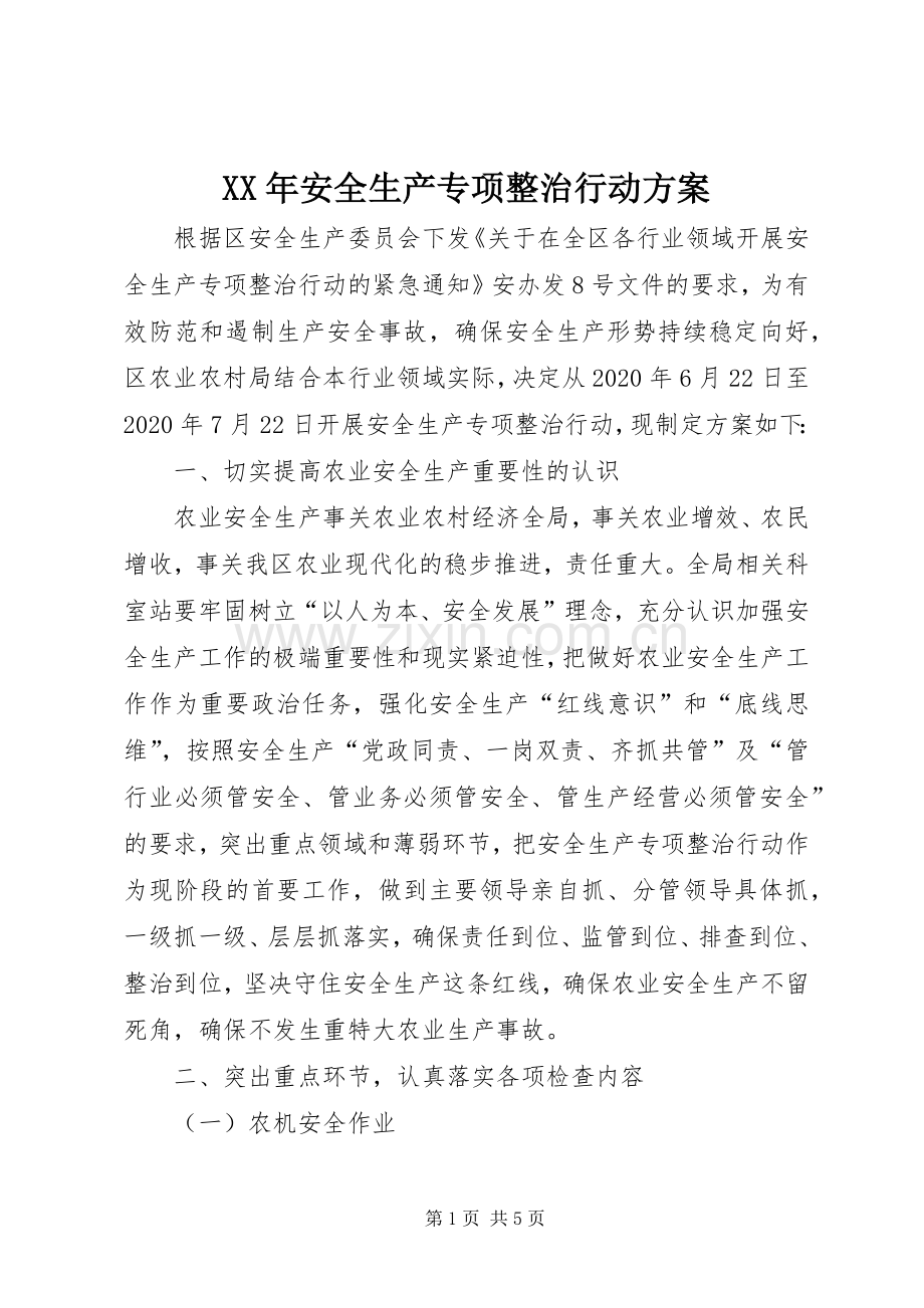 XX年安全生产专项整治行动实施方案.docx_第1页