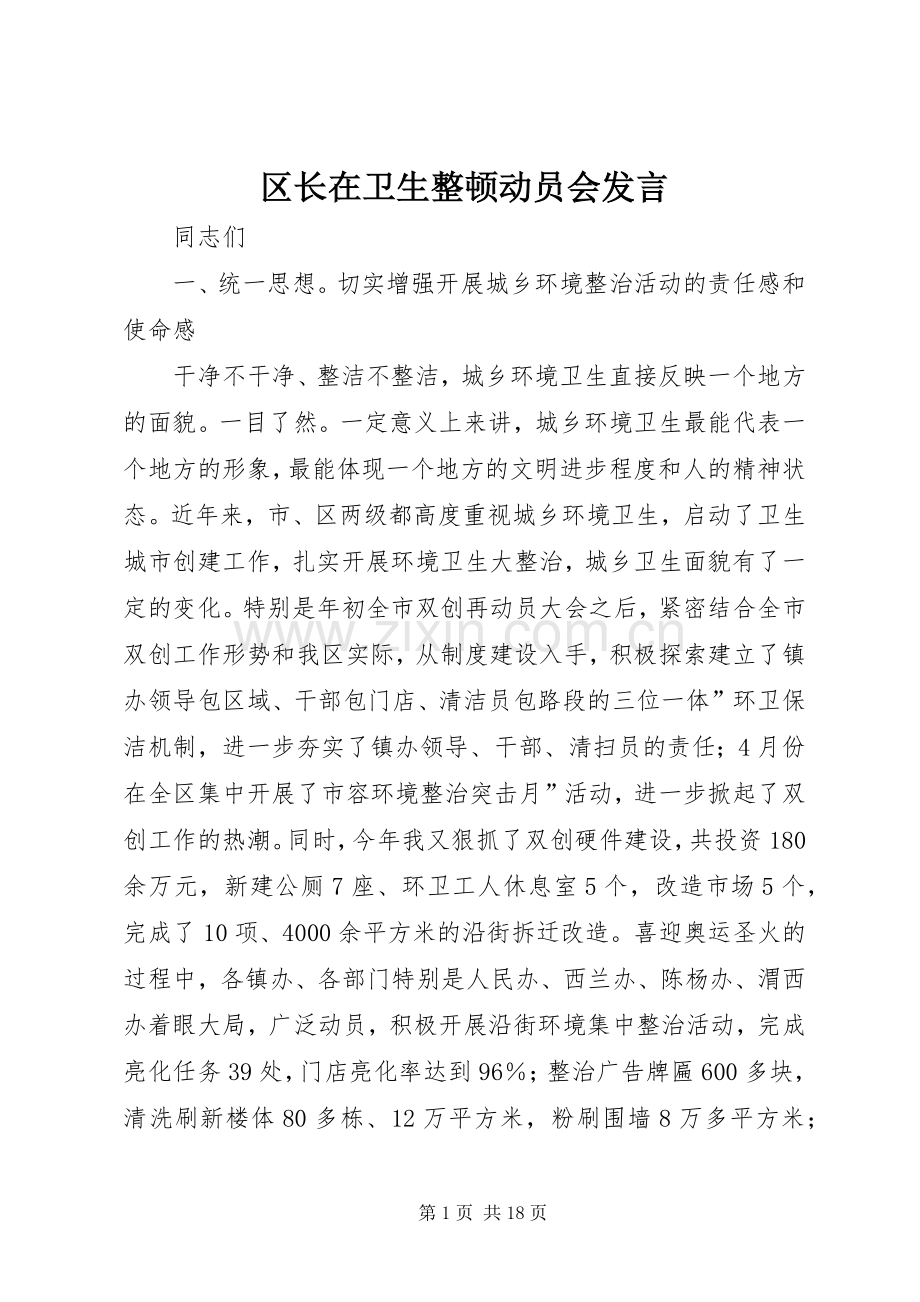 区长在卫生整顿动员会发言稿.docx_第1页