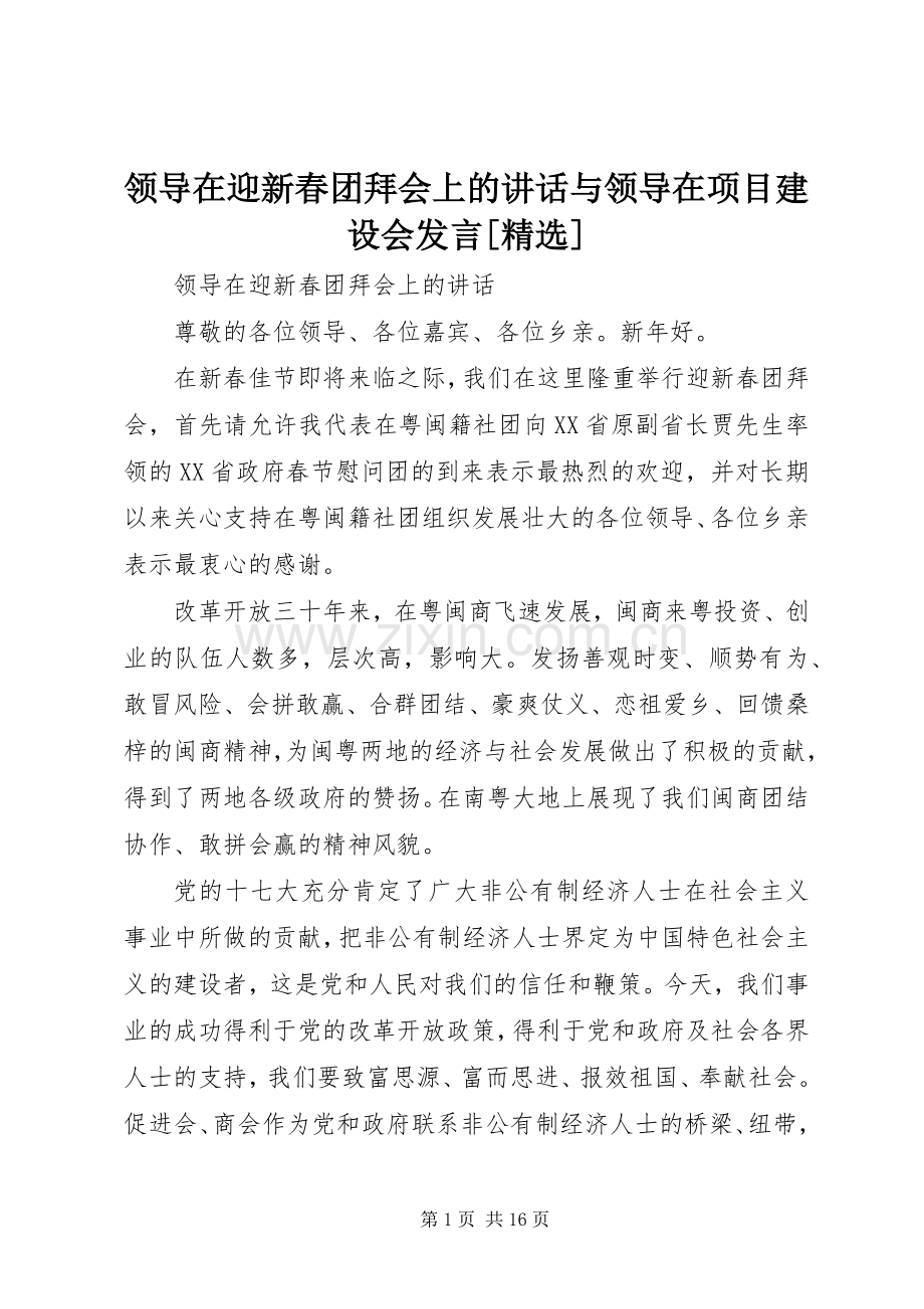 领导在迎新春团拜会上的讲话与领导在项目建设会发言稿[].docx_第1页