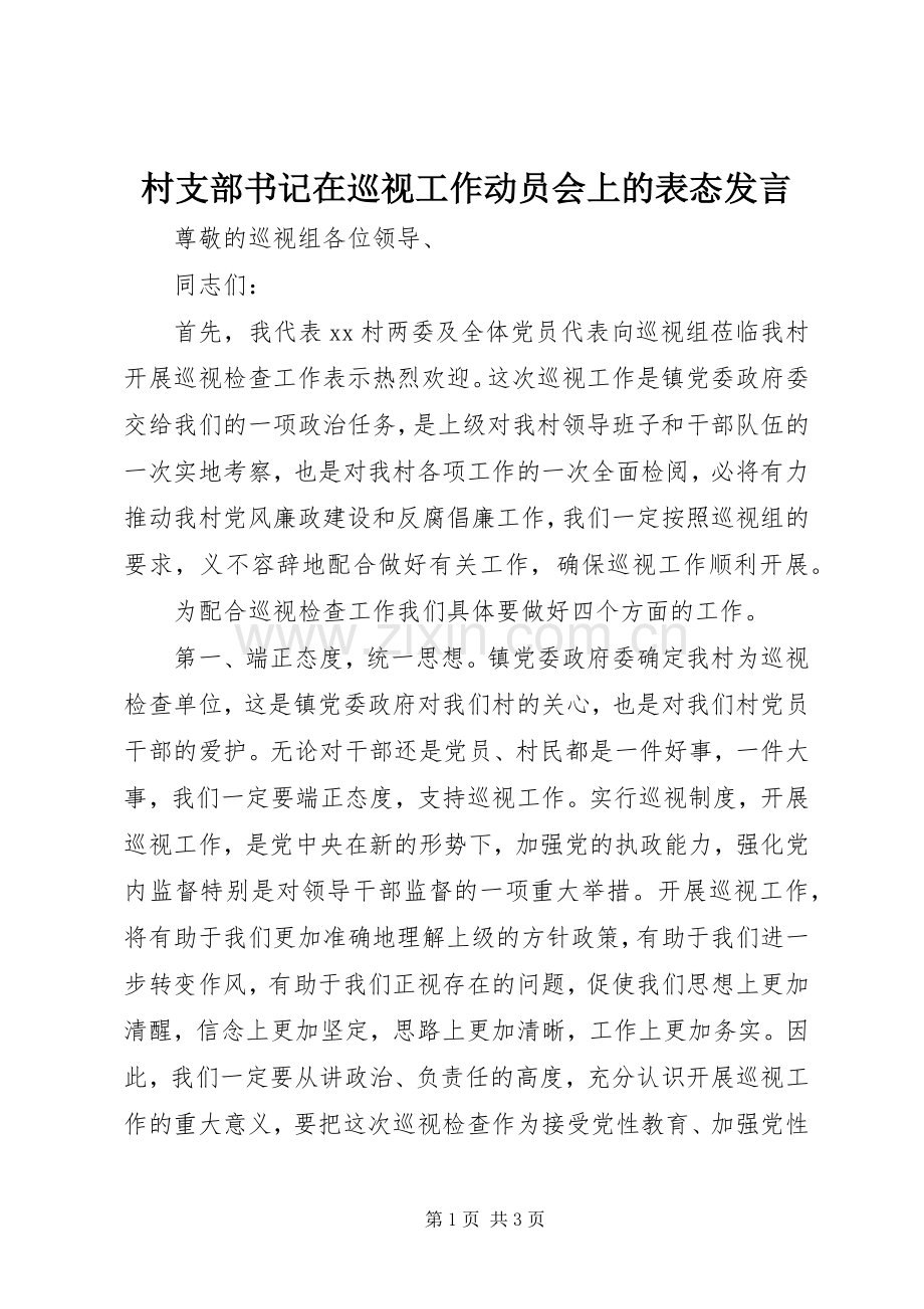 村支部书记在巡视工作动员会上的表态发言.docx_第1页