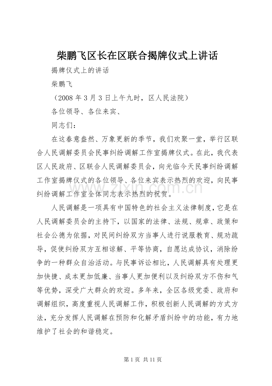 柴鹏飞区长在区联合揭牌仪式上讲话.docx_第1页