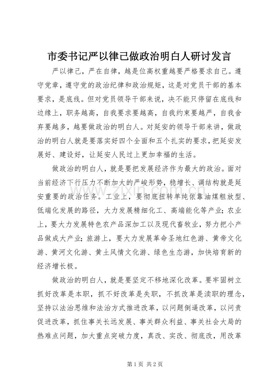 市委书记严以律己做政治明白人研讨发言稿.docx_第1页