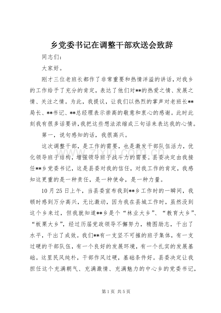 乡党委书记在调整干部欢送会演讲致辞.docx_第1页