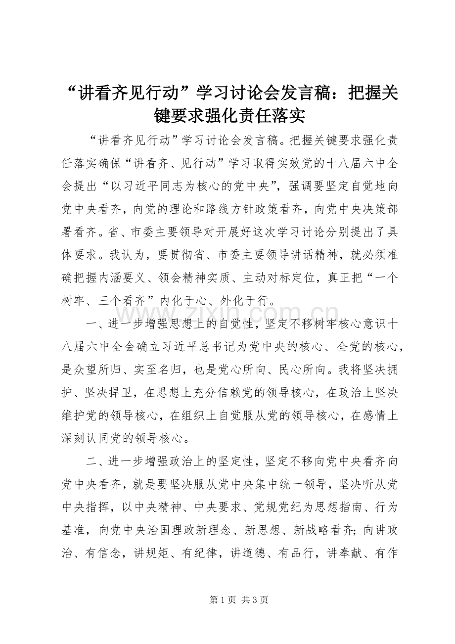 “讲看齐见行动”学习讨论会发言：把握关键要求强化责任落实.docx_第1页