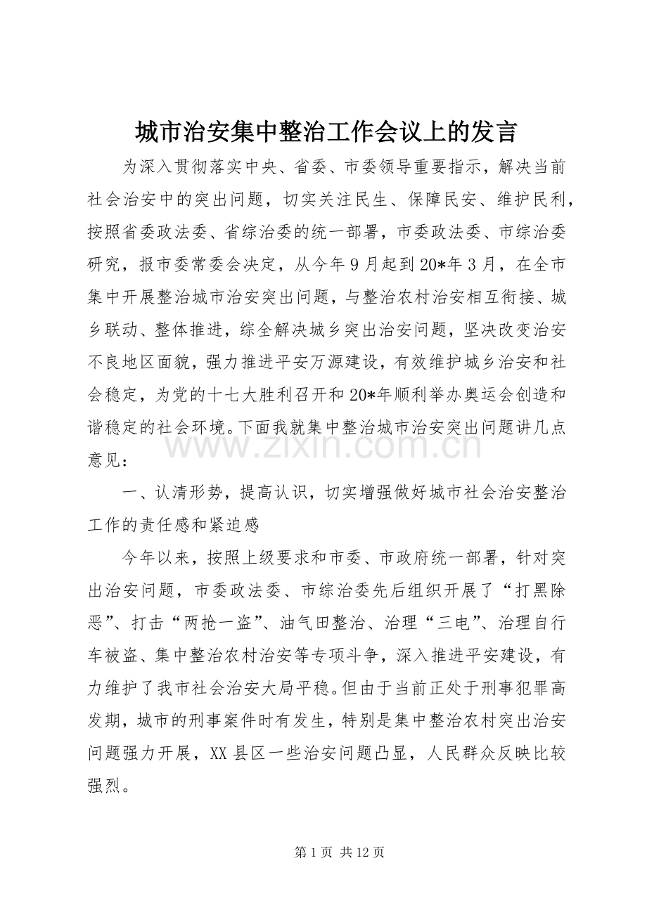 城市治安集中整治工作会议上的发言.docx_第1页