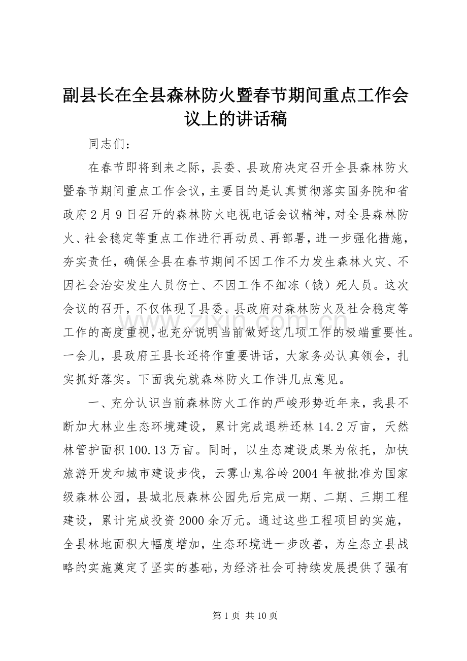 副县长在全县森林防火暨春节期间重点工作会议上的讲话稿.docx_第1页