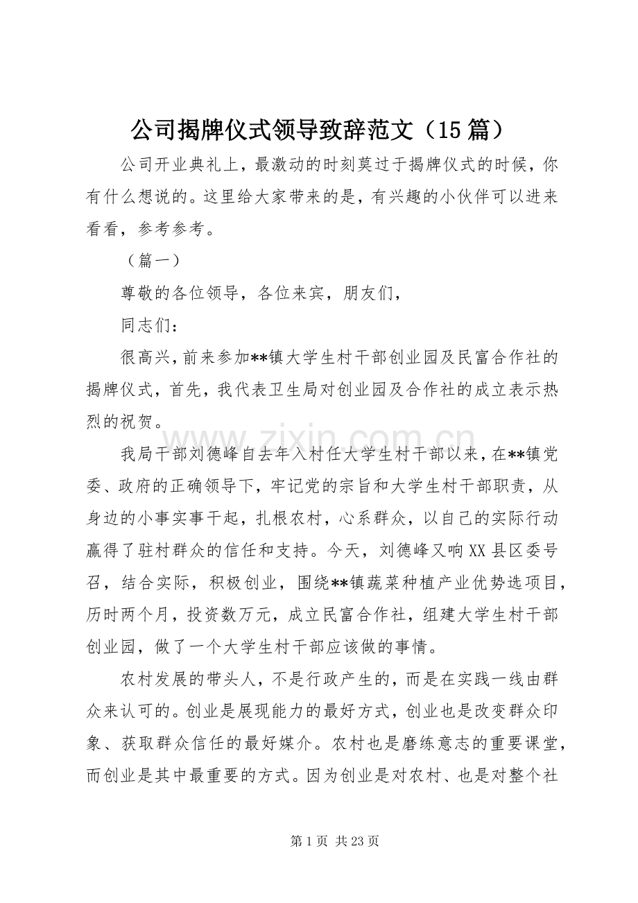 公司揭牌仪式领导致辞范文（15篇）.docx_第1页