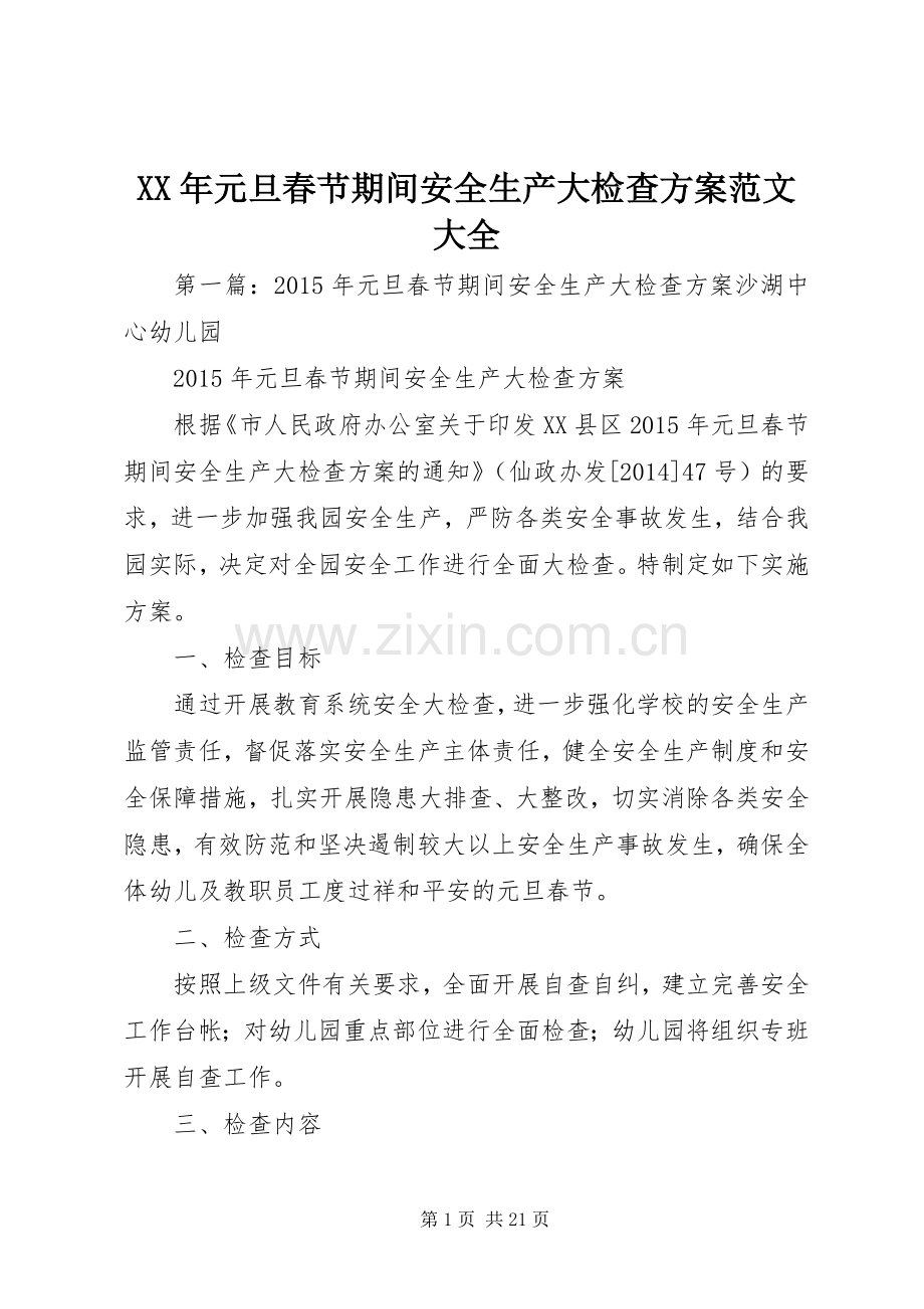 XX年元旦春节期间安全生产大检查实施方案范文大全.docx_第1页