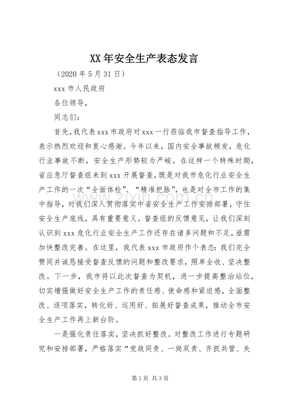 XX年安全生产表态发言稿.docx_第1页