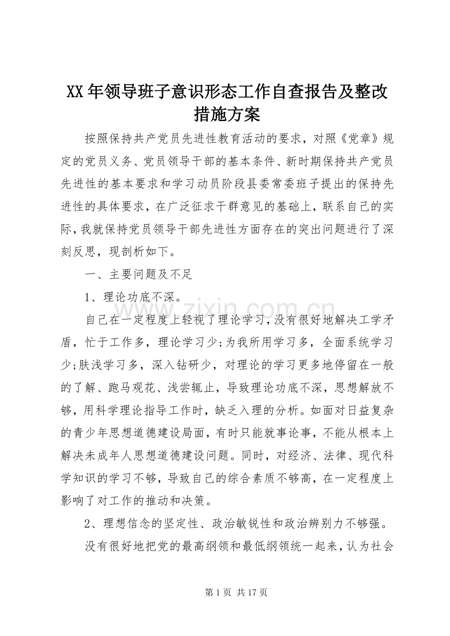 XX年领导班子意识形态工作自查报告及整改措施实施方案.docx_第1页