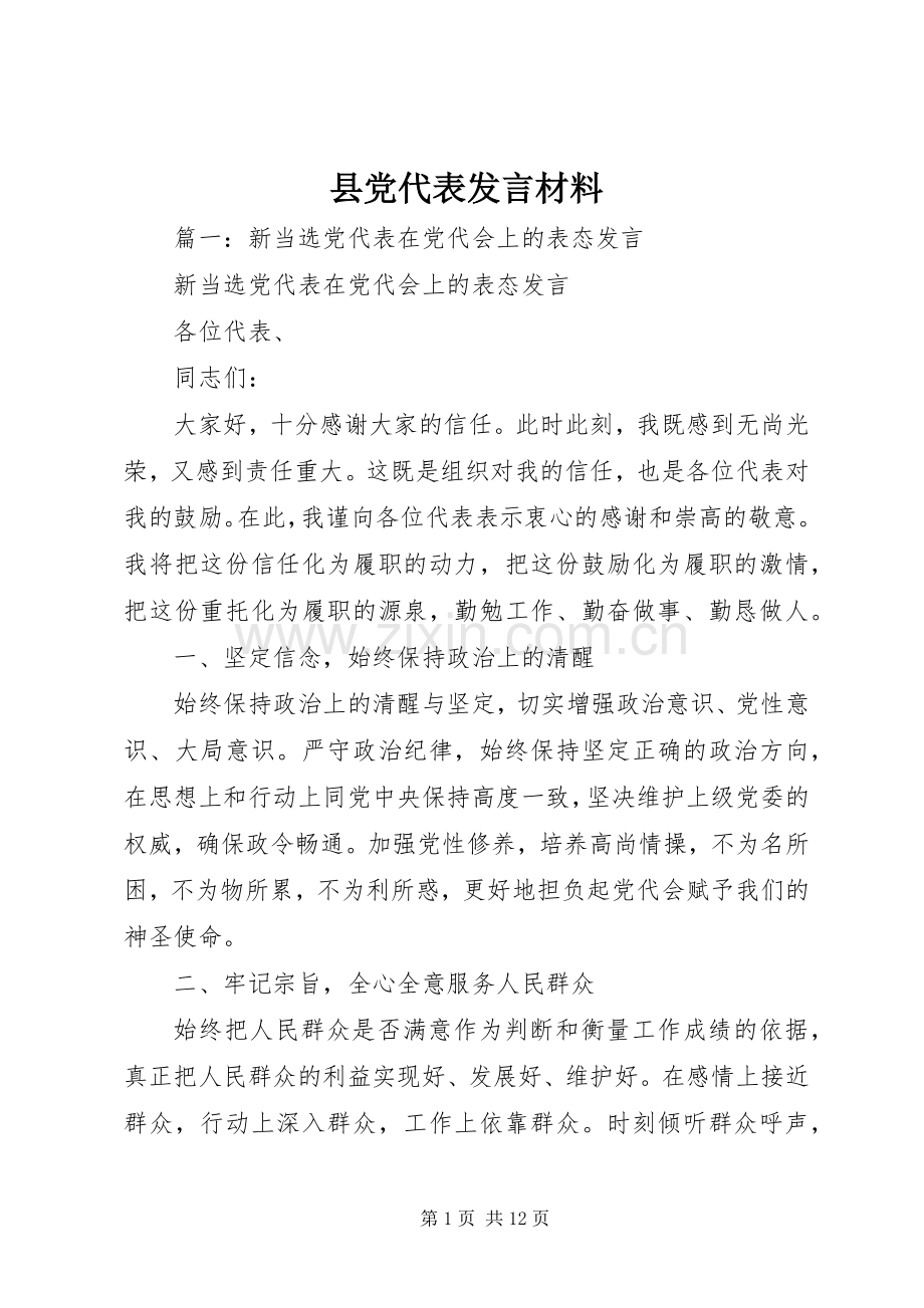 县党代表发言材料提纲范文.docx_第1页