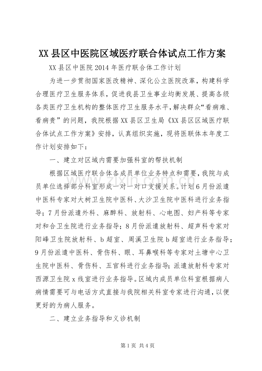 XX县区中医院区域医疗联合体试点工作实施方案.docx_第1页