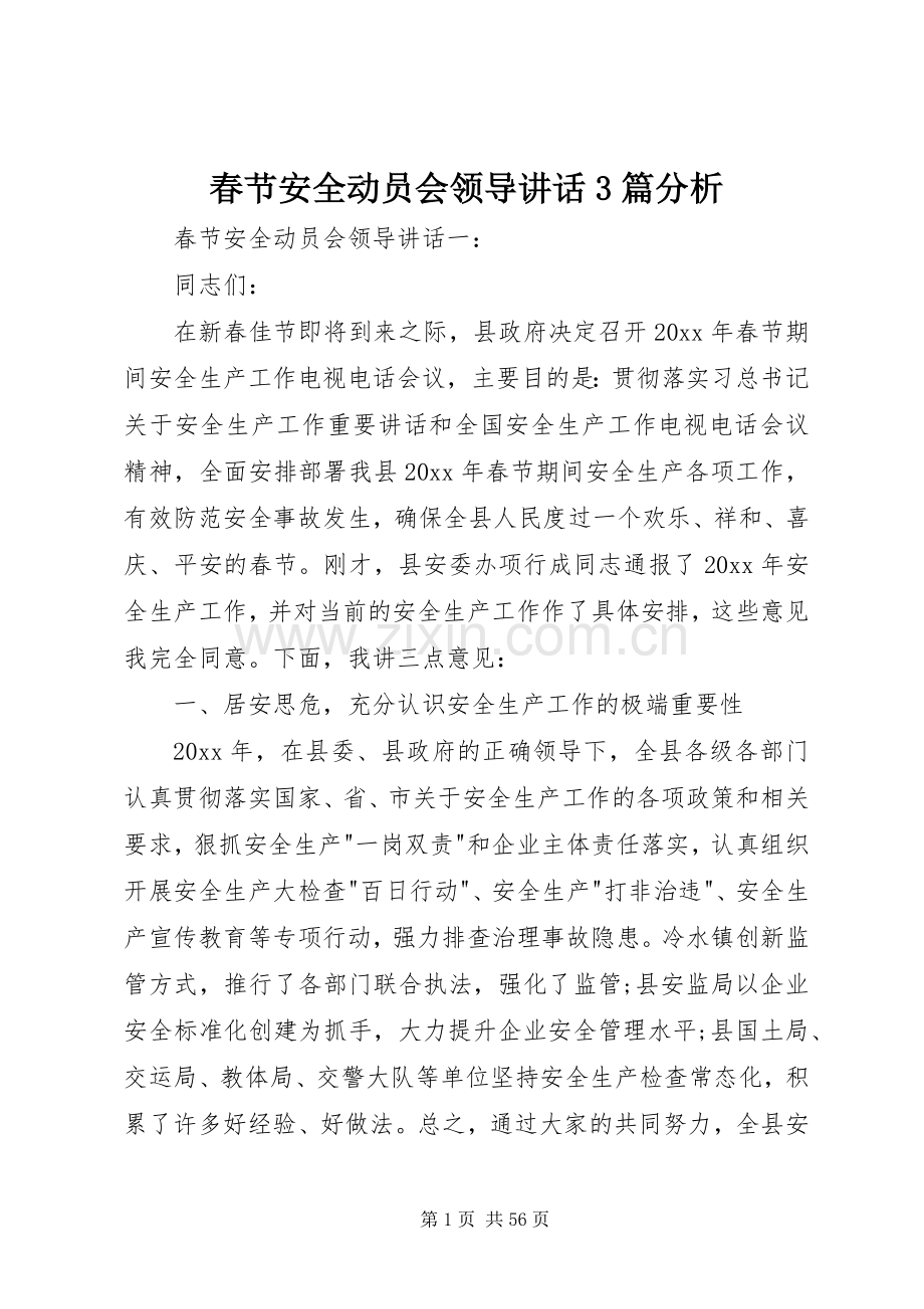 春节安全动员会领导讲话3篇分析.docx_第1页