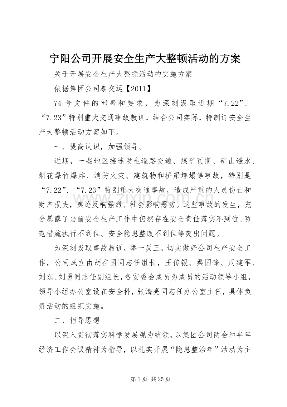 宁阳公司开展安全生产大整顿活动的实施方案.docx_第1页