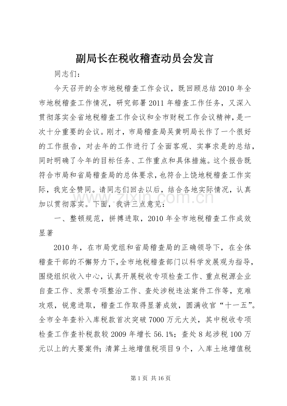 副局长在税收稽查动员会发言.docx_第1页