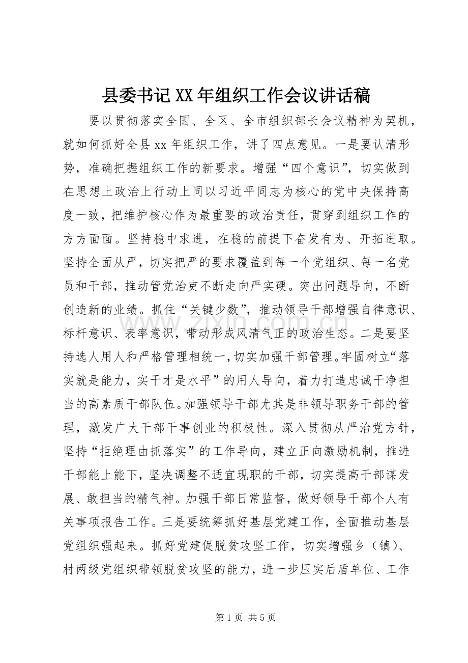 县委书记XX年组织工作会议讲话稿.docx_第1页