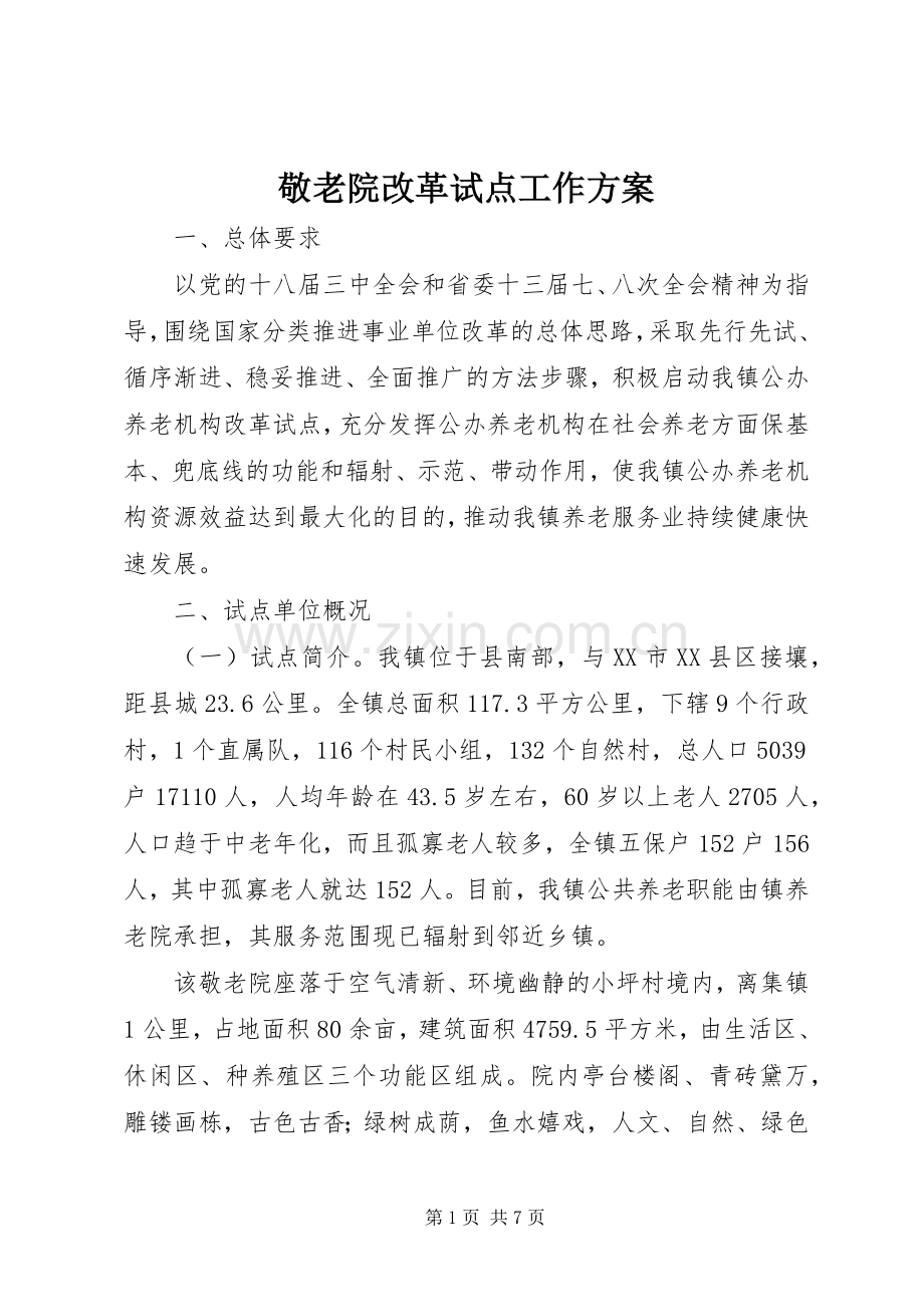 敬老院改革试点工作实施方案.docx_第1页