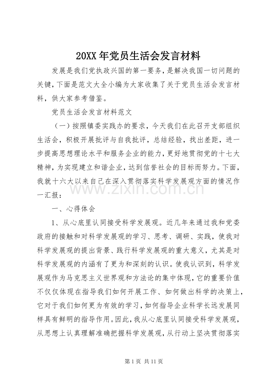 20XX年党员生活会发言材料致辞(2).docx_第1页