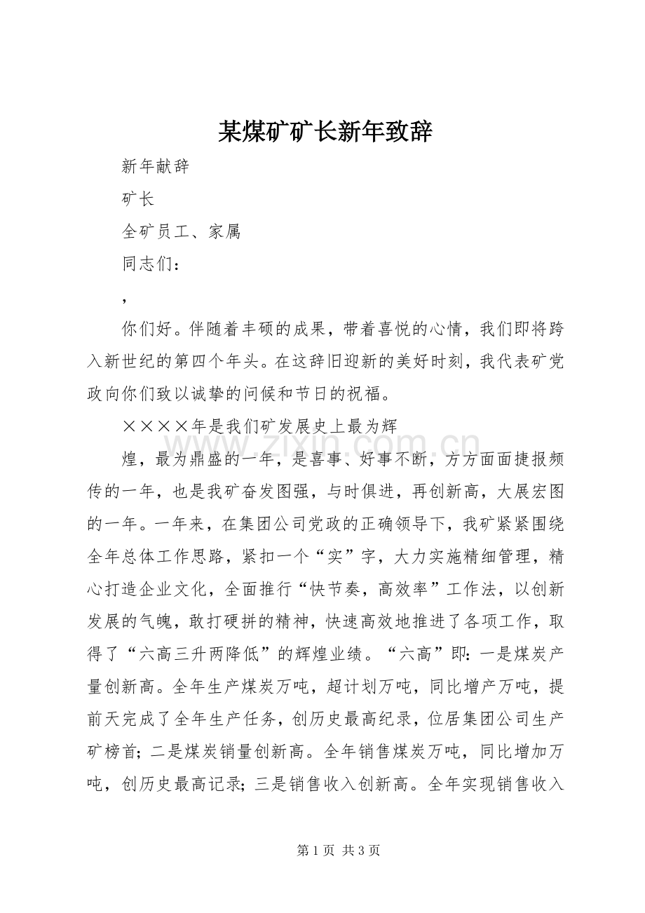 某煤矿矿长新年演讲致辞范文.docx_第1页