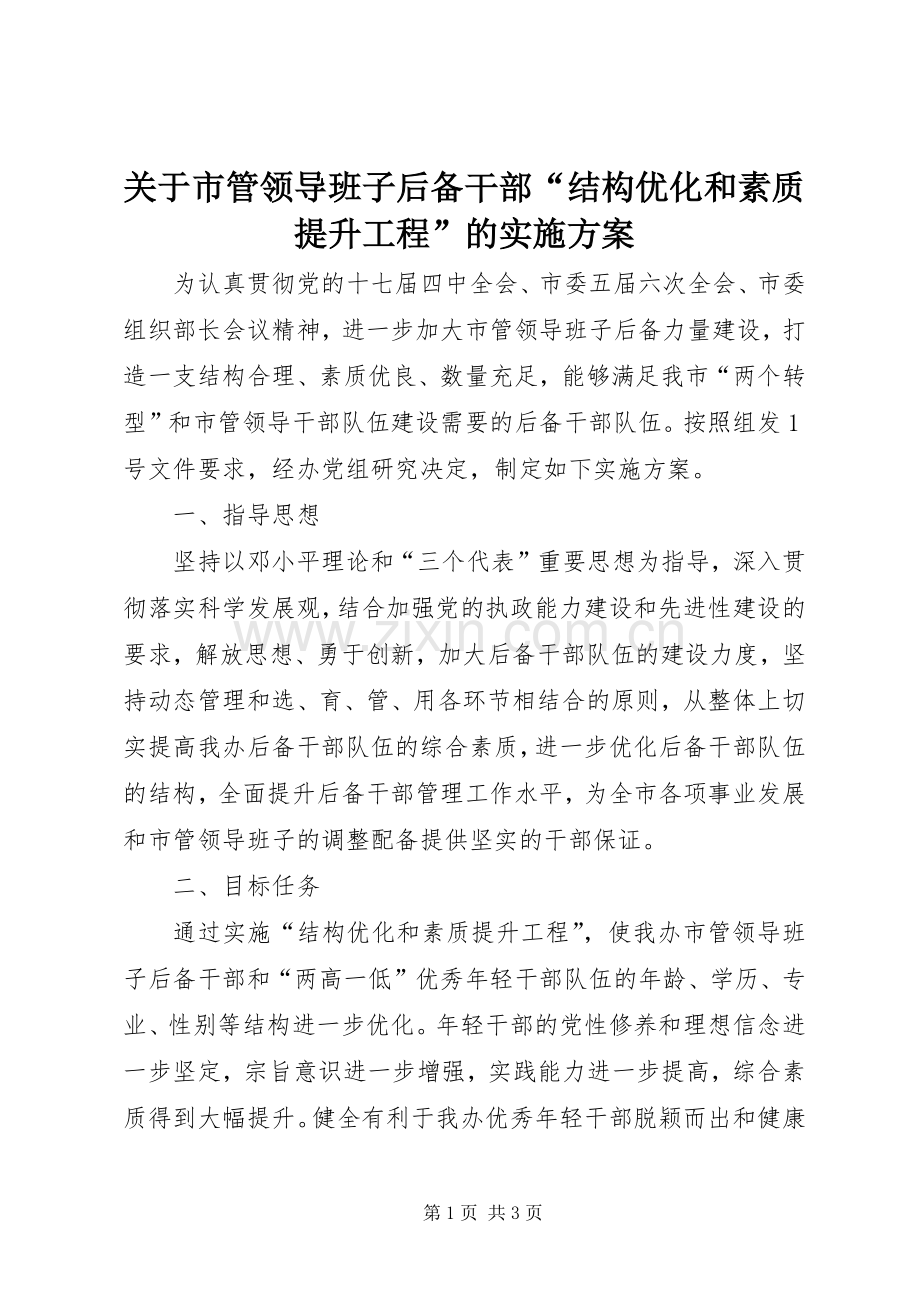 关于市管领导班子后备干部“结构优化和素质提升工程”的方案.docx_第1页