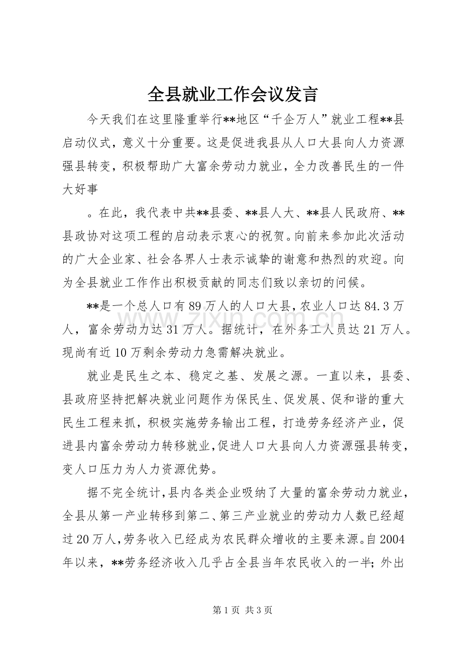 全县就业工作会议发言稿.docx_第1页