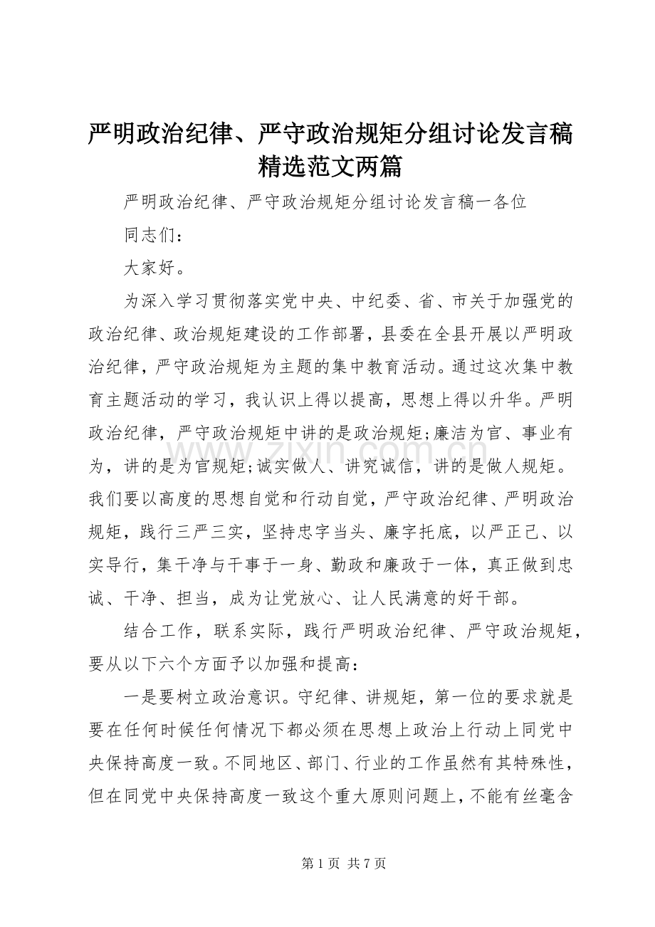 严明政治纪律、严守政治规矩分组讨论发言范文两篇.docx_第1页