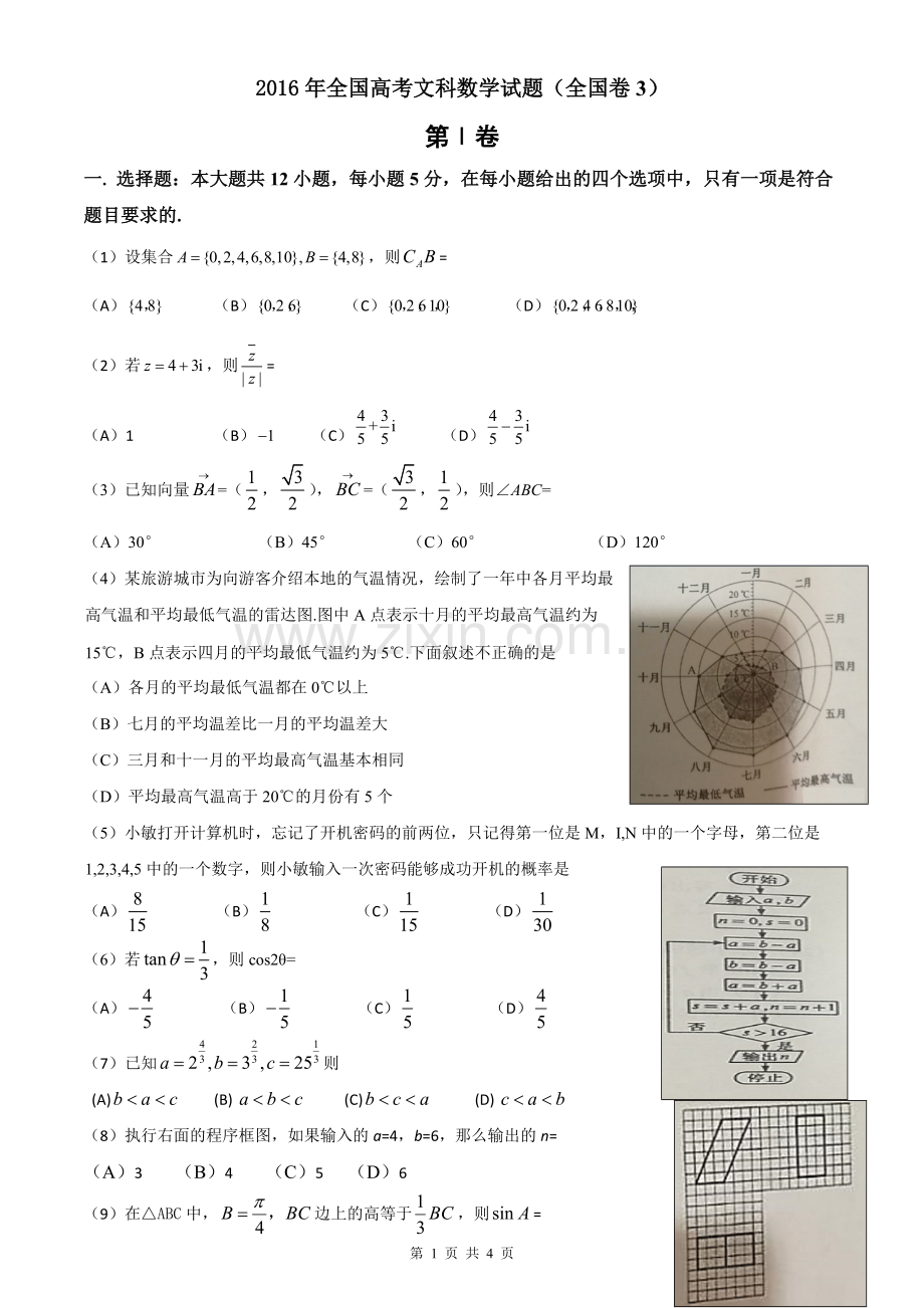 2016年高考文科数学试题全国卷3(含答案全解析).pdf_第1页