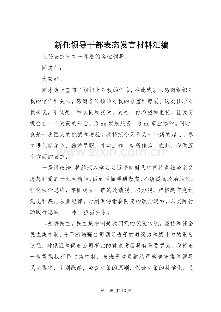 新任领导干部表态发言材料汇编.docx_第1页