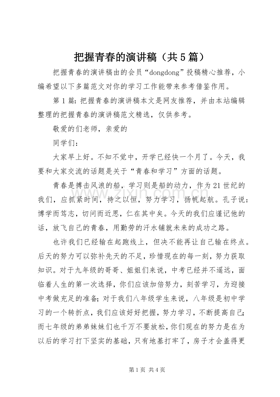 把握青春的演讲稿（共5篇）.docx_第1页