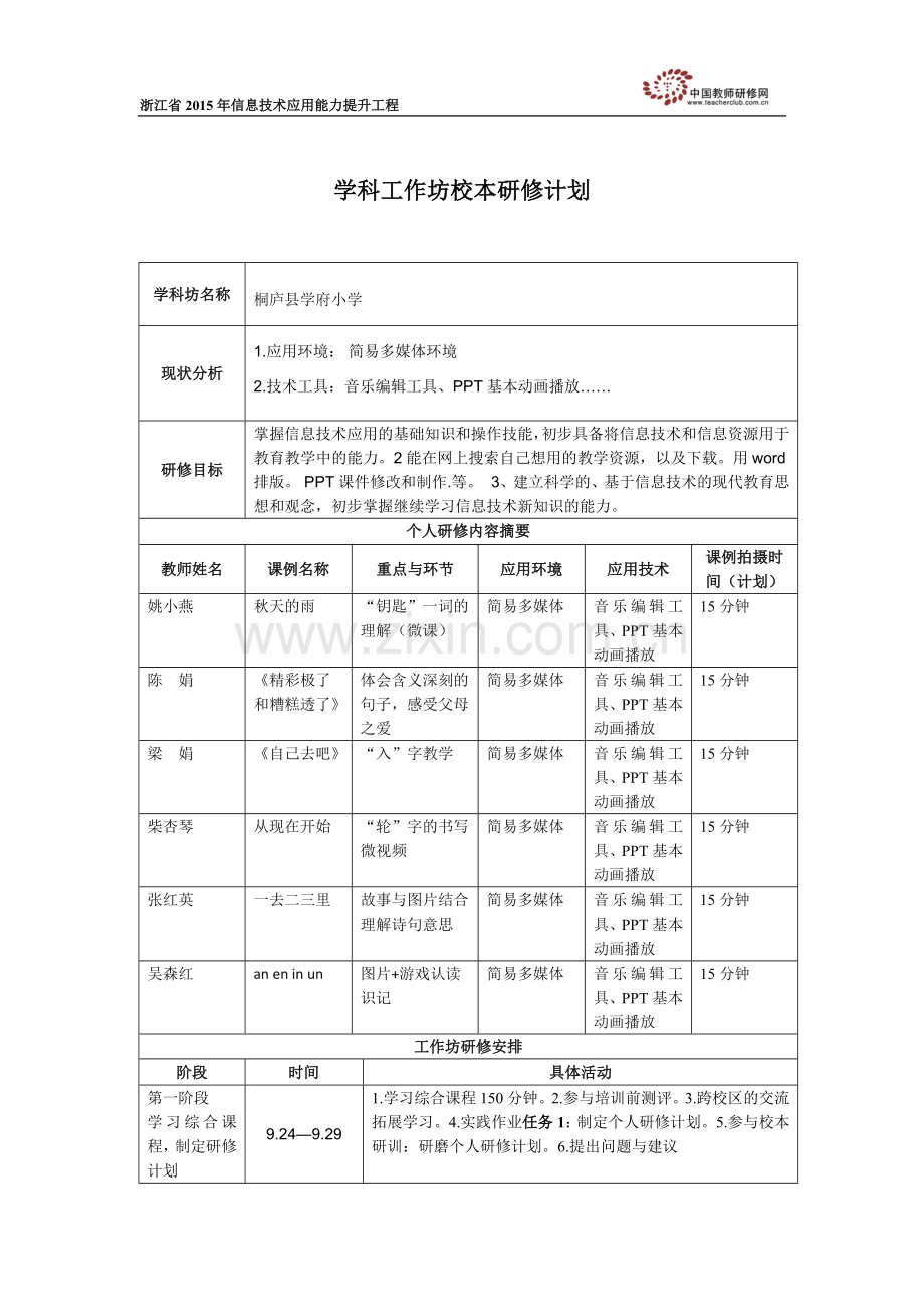 桐庐学府小学学科工作坊校本研修计划(学科工作坊坊主填写).doc_第1页