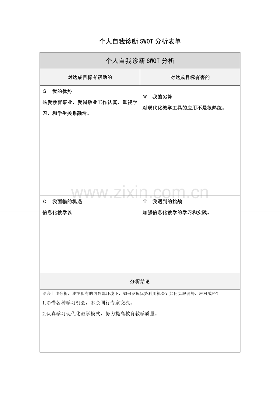 个人自我诊断SWOT分析表(二曲中学刘栋).doc_第1页