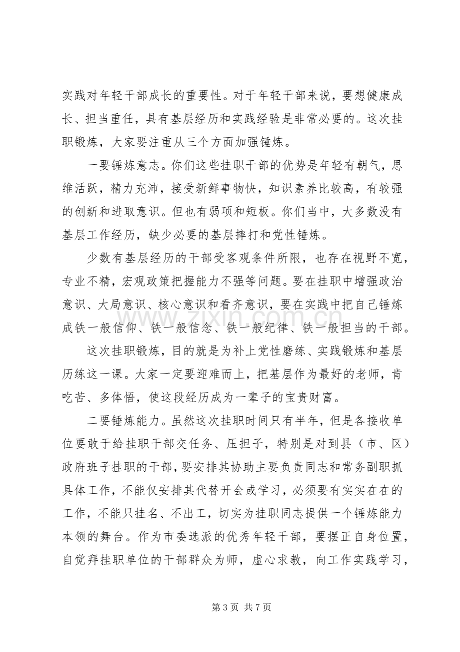 年轻干部挂职锻炼谈话会讲话【让年轻干部到基层一线磨砺成才】.docx_第3页