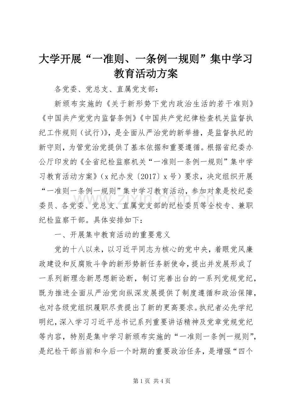 大学开展“一准则、一条例一规则”集中学习教育活动实施方案.docx_第1页