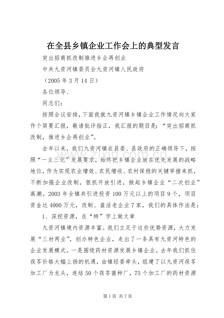 在全县乡镇企业工作会上的典型发言.docx_第1页