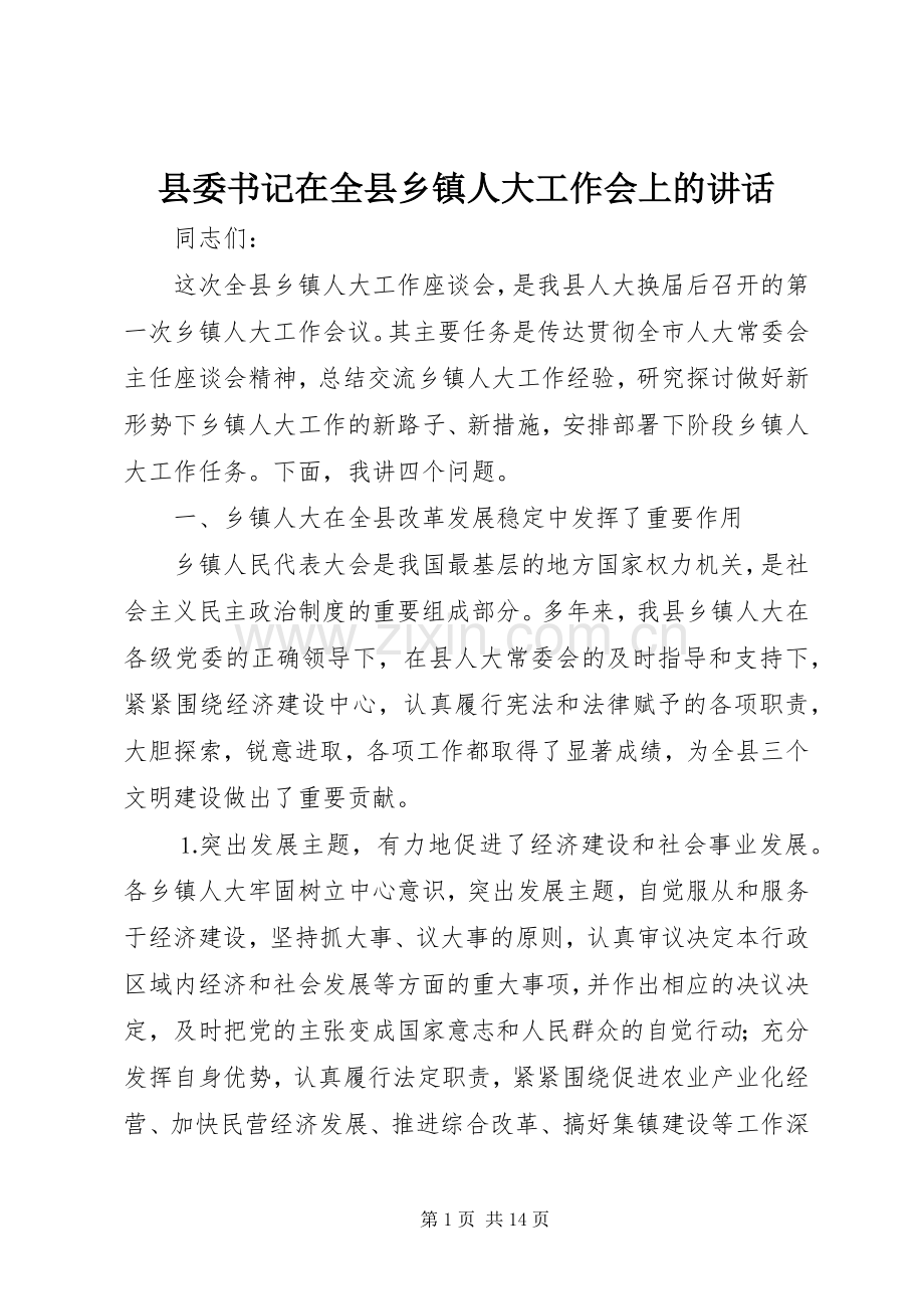 县委书记在全县乡镇人大工作会上的讲话.docx_第1页