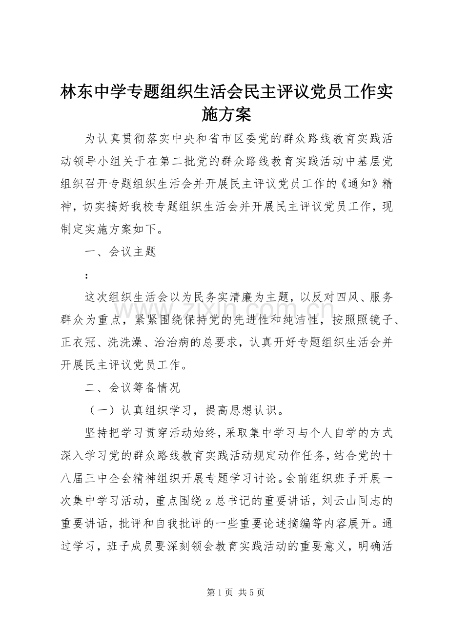 林东中学专题组织生活会民主评议党员工作方案.docx_第1页