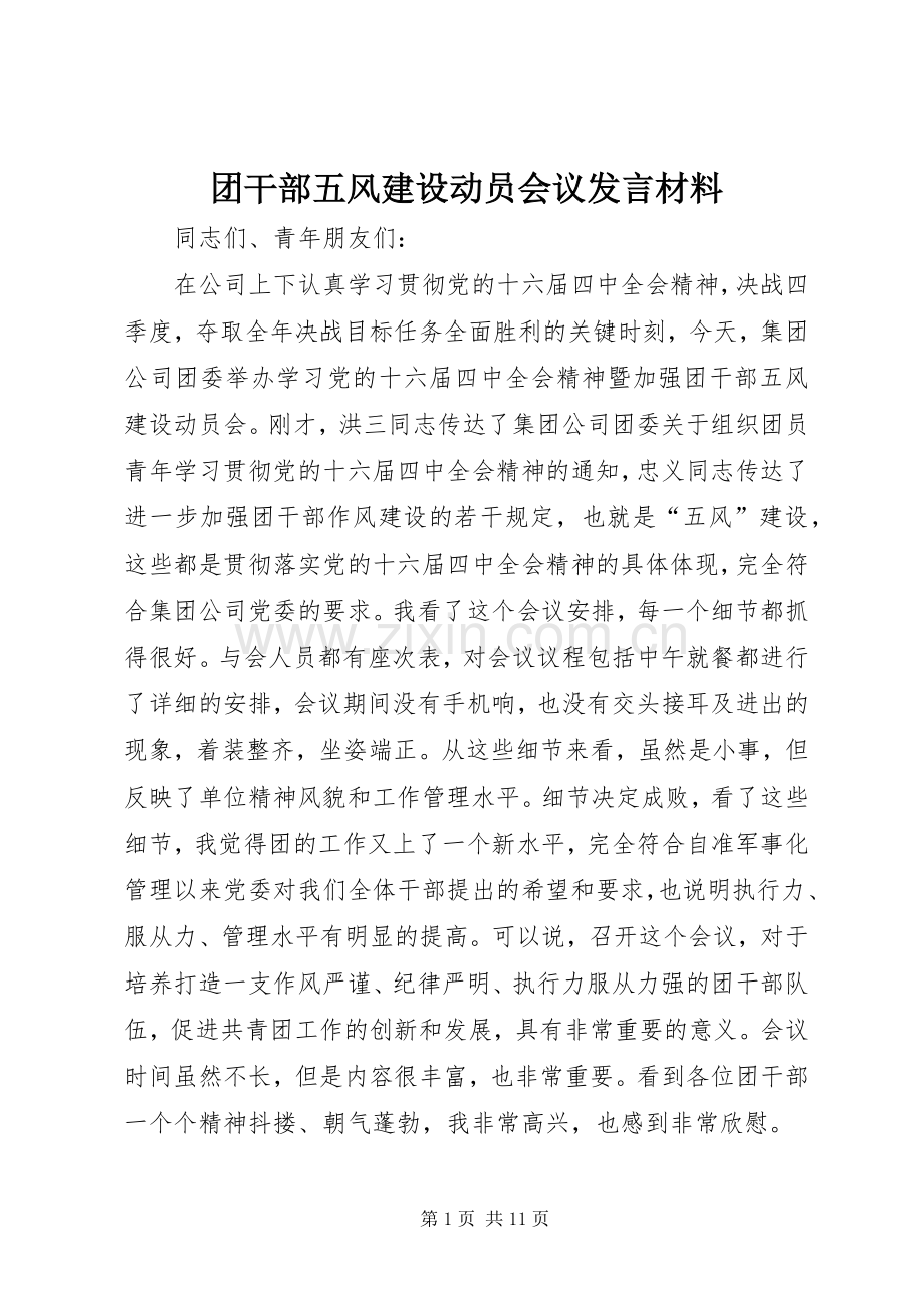 团干部五风建设动员会议发言材料提纲.docx_第1页